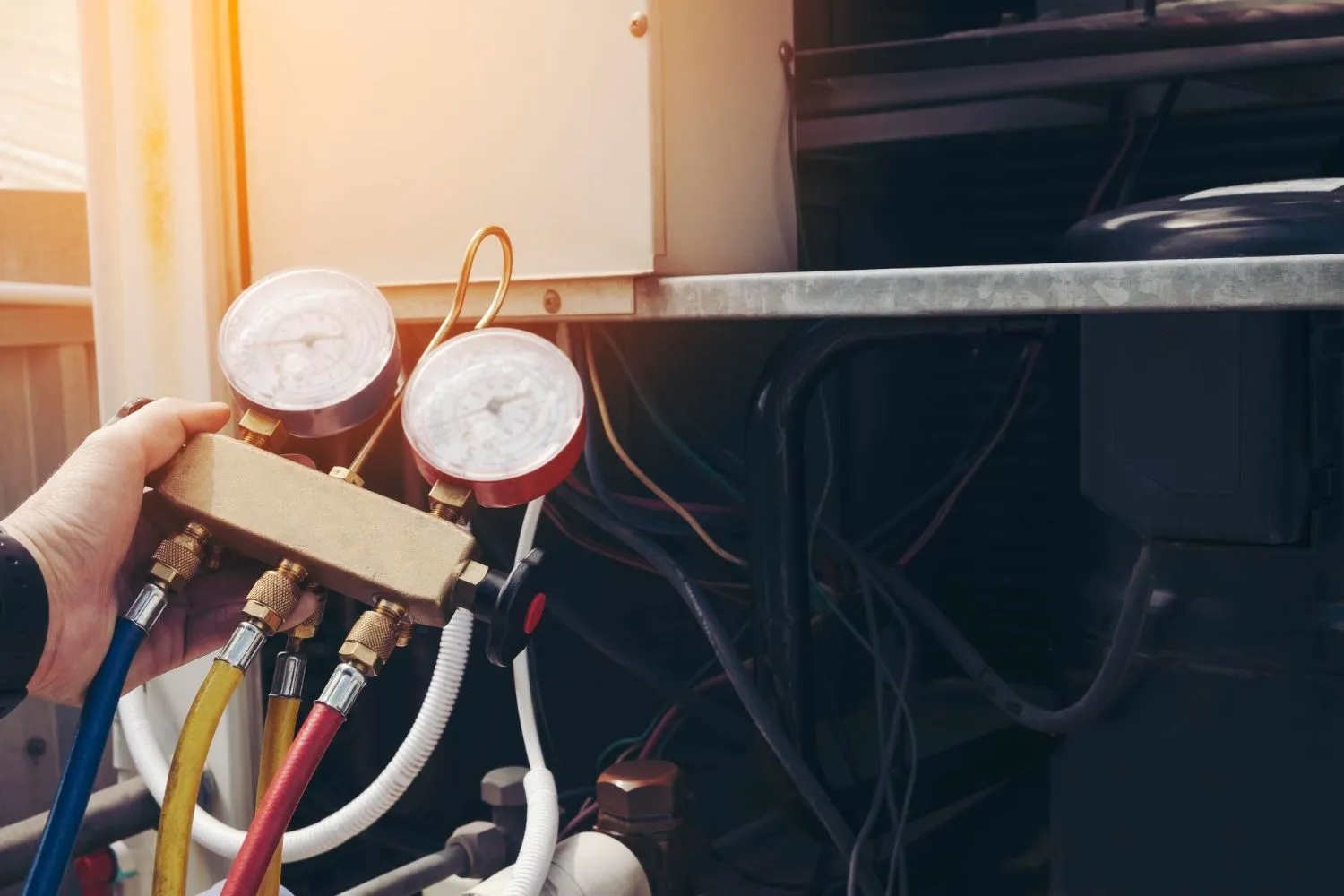 A person is holding a gauge in front of an air conditioner.