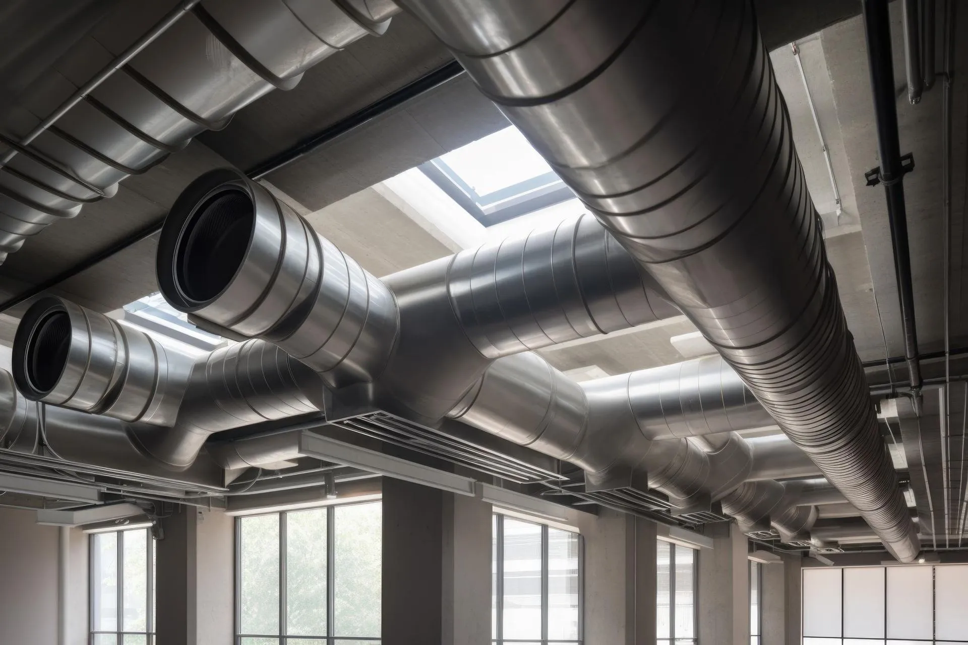 Interior of a dirty residential air duct showing dust and debris buildup.